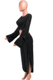 Black Polyester Casual Solid Split crop top Loose Long Sleeve Two Pieces