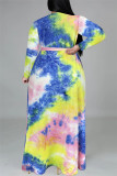 Multicolor Fashion Casual Print Tie-dye V Neck Long Sleeve Plus Size Dress