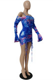 Sky Blue Fashion Sexy Print Tie Dye Draw String Backless Square Collar Long Sleeve Dresses