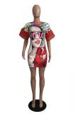 Red Street lantern sleeve Short Sleeves O neck Princess Dress skirt Print