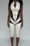 White Fashion Sexy Patchwork Split Joint Zipper Collar Skinny Romper