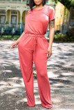 Pink Fashion Casual Solid Basic O Neck Short Sleeve Two Pieces