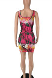 Rose Red Fashion Sexy Print Backless Strap Design Swimwears