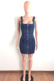 The cowboy blue Sexy Solid Draw String Zipper Spaghetti Strap Pencil Skirt Dresses