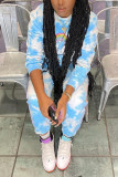 Baby Blue Fashion Casual Print Capris Basic O Neck Long Sleeve Two Pieces