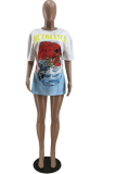 White Casual Print Patchwork O Neck T-Shirts
