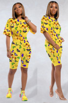 Yellow Polyester Fashion adult Sexy backless Print Two Piece Suits Patchwork Straight Short Sleeve Two-Pie
