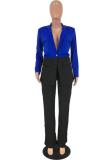 Blue Polyester Lightly cooked Fashion adult Solid Button Patchwork Two Piece Suits Straight Long Sleeve