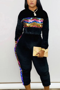 Black Polyester OL Fashion adult Solid Two Piece Suits Patchwork Sequin pencil Long Sleeve Two-piece Pant