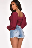 White V Neck Long Sleeve Patchwork crop top Solid