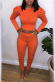 Tangerine Red Casual Solid Patchwork O Neck Long Sleeve Two Pieces