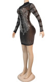 Black Fashion Sexy Adult Polyester Patchwork See-through Sequined O Neck Long Sleeve Knee Length Wrapped Skirt Dresses