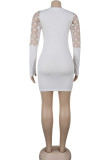 White Sexy Party Polyester Gauze Pit Article Fabrics Patchwork Solid Split Joint See-through O Neck Long Sleeve Mini A Line Dresses