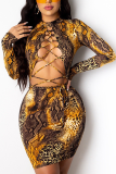 Yellow Sexy Pierced Split Joint Half A Turtleneck Sheath Dresses