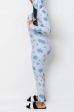 Blue Daily Print V Neck Skinny Jumpsuits