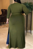 Army Green Sexy Solid Hollowed Out Slit O Neck Plus Size 