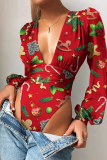 Red Sexy Print Patchwork V Neck Skinny Bodysuits