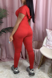 Red Casual Solid zipper Cotton Blend Short Sleeve V Neck Jumpsuits
