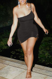 Rose Red Fashion Sexy Solid Backless One Shoulder Sleeveless Dress