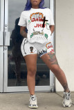White Fashion Casual Print Basic O Neck Short Sleeve Two Pieces