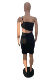 Black Fashion Sexy Hollowed Out Backless One Shoulder Sleeveless Dress
