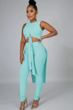 Cyan Fashion Casual adult Ma'am Patchwork Solid Two Piece Suits Straight Sleeveless Two Pieces