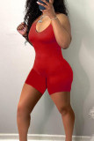 Red Sexy Casual Solid Backless Spaghetti Strap Skinny Romper