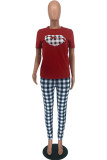 Red Casual Plaid Lips Printed Patchwork O Neck Short Sleeve Two Pieces