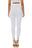 White Denim Button Fly Mid Solid Hole pencil Pants Bottoms