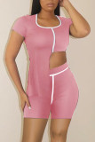 Pink Fashion Casual Solid Patchwork Asymmetrical O Neck Short Sleeve Two Pieces