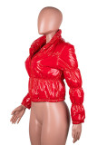 Red Casual Faux Leather Solid Mandarin Collar Outerwear