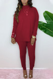Wine Red Fashion Casual Adult Solid Patchwork O Neck Long Sleeve Regular Sleeve Regular Two Pieces