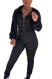 Black Sexy Twilled Satin Solid Fold Hooded Collar Long Sleeve Regular Sleeve Short Two Pieces