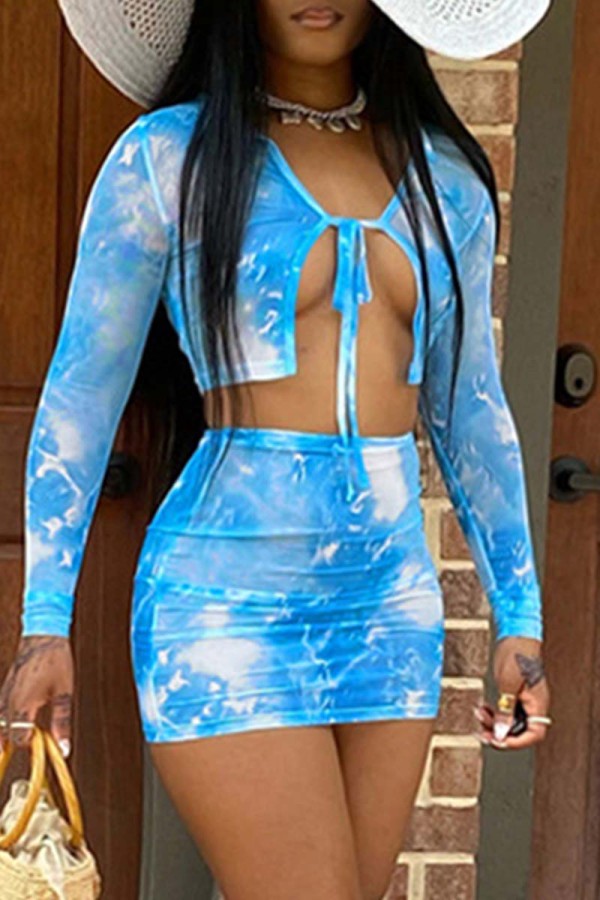 Blue Fashion Sexy Print Tie-dye Strap Design V Neck Long Sleeve Two Pieces