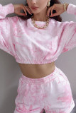 Pink Casual Print Tie-dye O Neck Long Sleeve Two Pieces