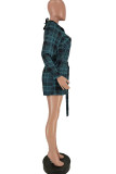 Green Fashion Sexy Adult Polyester Plaid Patchwork Split Joint With Belt V Neck Long Sleeve Mini Shirt Dress Dresses
