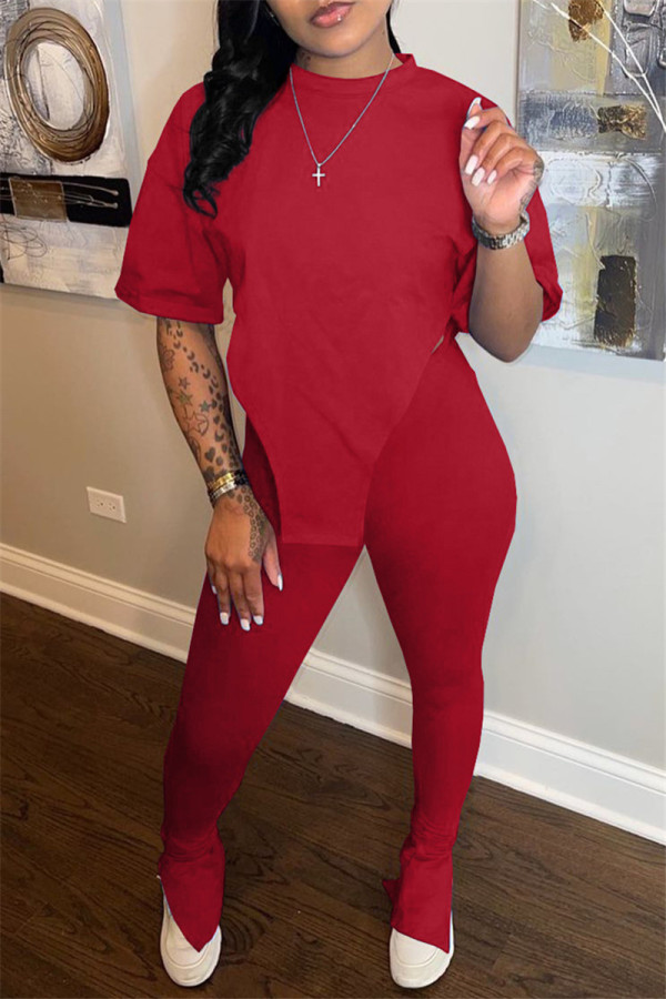 Red Fashion Casual Solid Slit Asymmetrical O Neck Short Sleeve Two Pieces