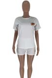 White Polyester Fashion Letter serpentine Solid Regular Short Sleeve Two-Piece Short Set
