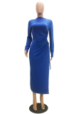 Deep Blue Casual Solid Slit Mandarin Collar One-piece Suits Dresses