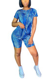 Blue Fashion adult OL Patchwork Print Two Piece Suits pencil Short Sleeve Two Pieces