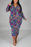 Multicolor Casual Plaid Patchwork Half A Turtleneck Printed Dress Plus Size 