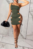 Green Sexy Solid Hollowed Out One Shoulder Pencil Skirt Dresses
