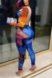 Multicolor Fashion Casual Patchwork Print See-through Turtleneck Skinny Jumpsuits