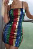 Multi-color Sexy Fashion Spaghetti Strap Sleeveless Slip A-Line skirt Sequin Club Dresses