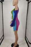 Deep Blue Fashion Sexy Patchwork Hollowed Out Strap Design Asymmetrical O Neck Long Sleeve Dress