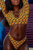 Yellow Fashion Sexy Print Strap Design Swimwears