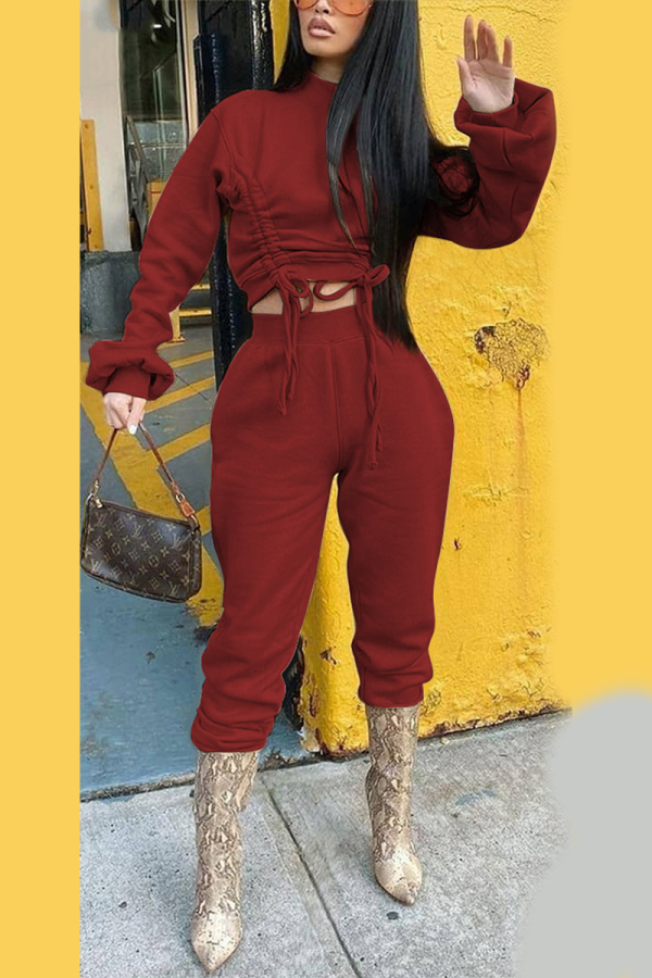 Wine Red Street Solid Draw String Half A Turtleneck Long Sleeve Two Pieces