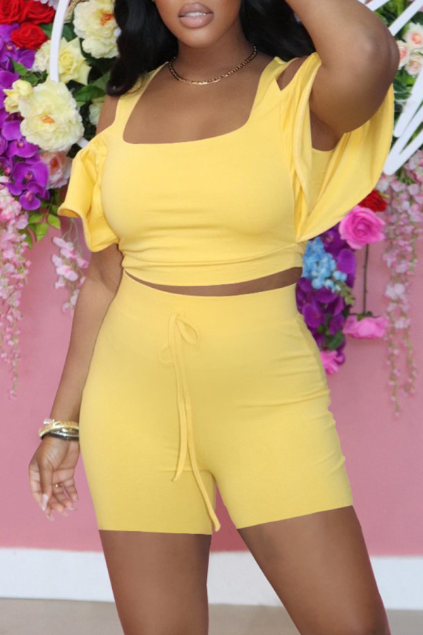 Yellow Fashion Casual Solid Flounce U Neck Short Sleeve Two Pieces