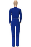 Blue Fashion Polyester Solid Split Joint O Neck Long Sleeve Regular Sleeve Short Two Pieces