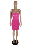 Pink Fashion Sexy Letter Print Backless Spaghetti Strap Sleeveless Dress